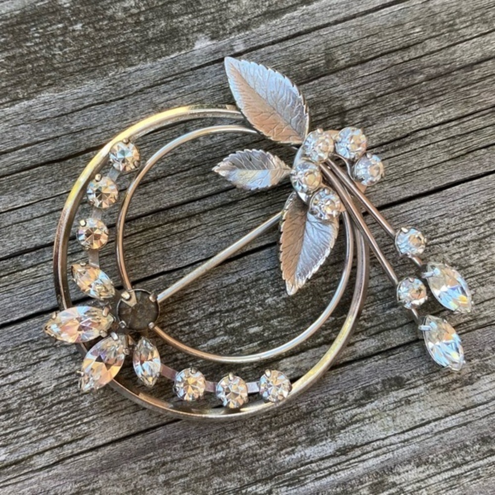 Silver tone Krementz brooch  rhinestones and leaves bridal bride wedding formal